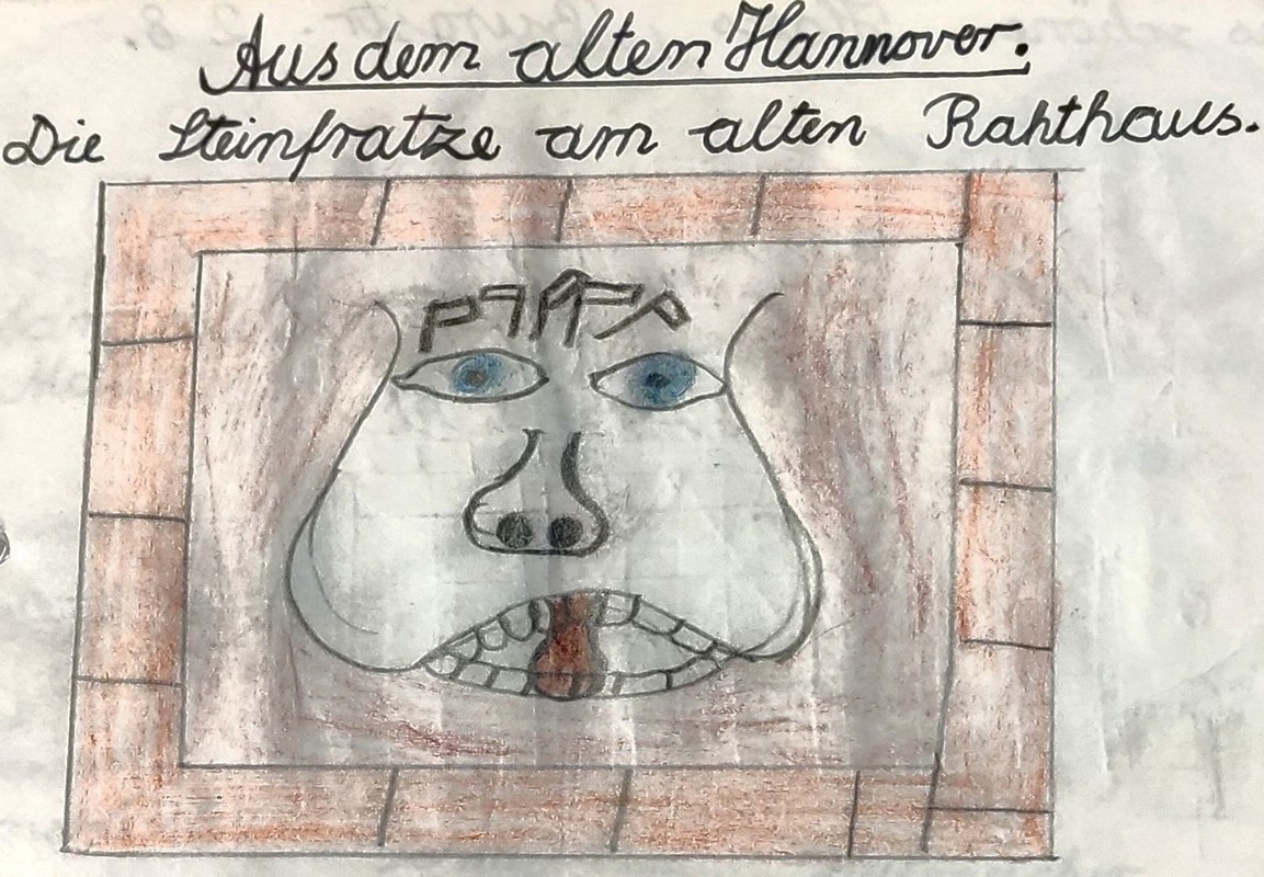 Zum Vergleich: Zeichnung der Steinfratze aus dem »Heimatkunde-Heft« eines Grundschülers der 3. Klasse Zum Vergleich: Zeichnung der Steinfratze aus dem »Heimatkunde-Heft« eines Grundschülers der 3. Klasse