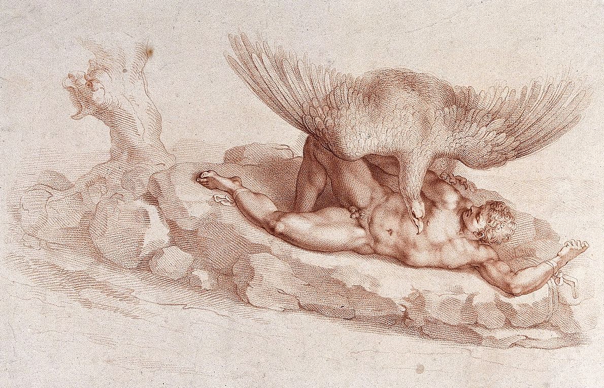 Prometheus hatte den Menschen das Feuer gebracht. Als Strafe ließ Zeus ihn an einen Felsen im Kaukasus anschmieden, wo er jeden Tag von einem Adler besucht wurde, der seine Leber fraß - die aber jeden Tag nachwuchs. Public Domain. Prometheus hatte den Menschen das Feuer gebracht. Als Strafe ließ Zeus ihn an einen Felsen im Kaukasus anschmieden, wo er jeden Tag von einem Adler besucht wurde, der seine Leber fraß - die aber jeden Tag nachwuchs. Public Domain.
