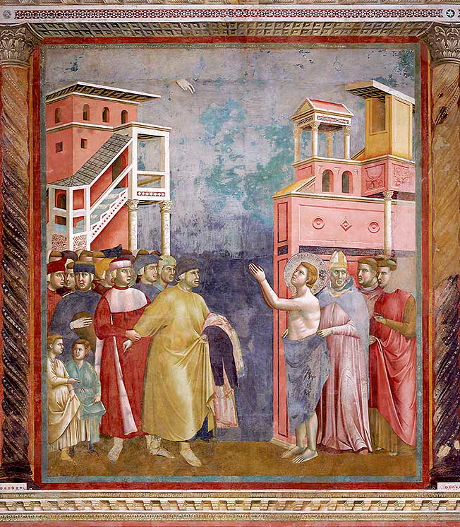 Franziskus auf dem Marktplatz von Assisi - gibt seinem Vater die Kleider zurück. Quelle: wikimedia commons Franziskus auf dem Marktplatz von Assisi - gibt seinem Vater die Kleider zurück. Quelle: wikimedia commons